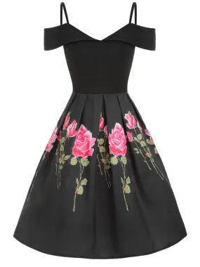 Black 1950s Floral Cold Shoulder Dress