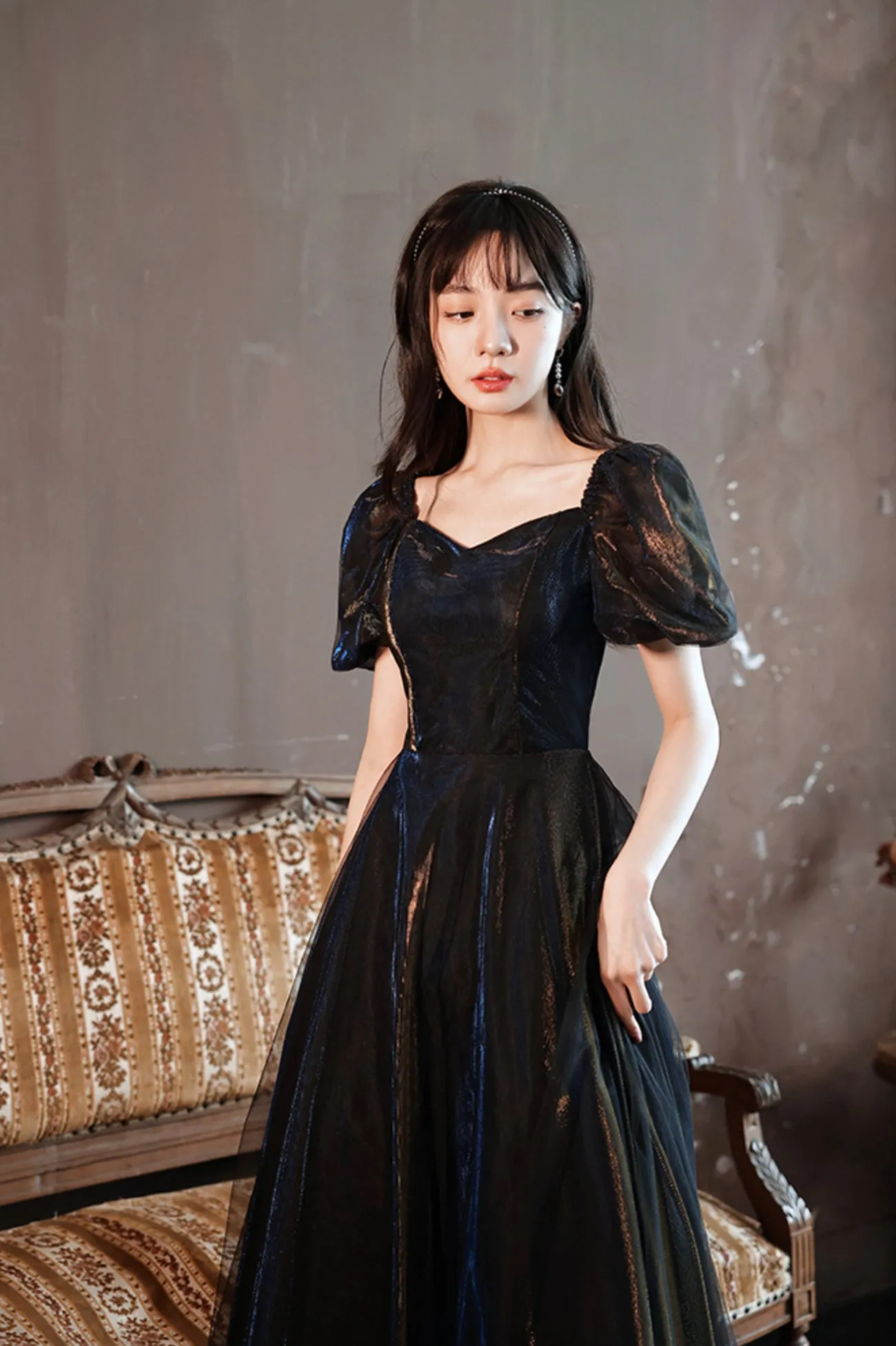 Black A-Line Tulle Long Prom Dress, Black Short Sleeve Evening Dress