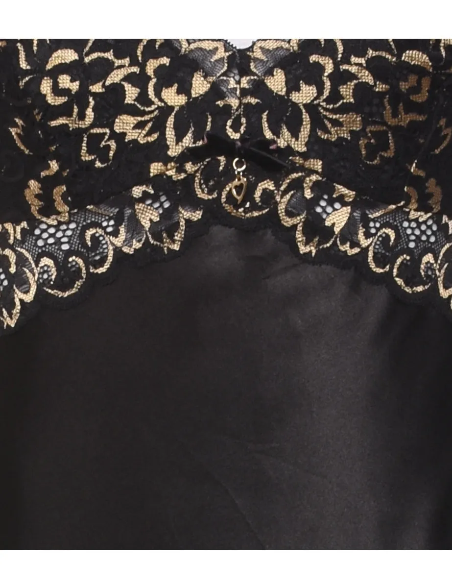 Black & Gold 1990s Lace Trim Slip Dress - S