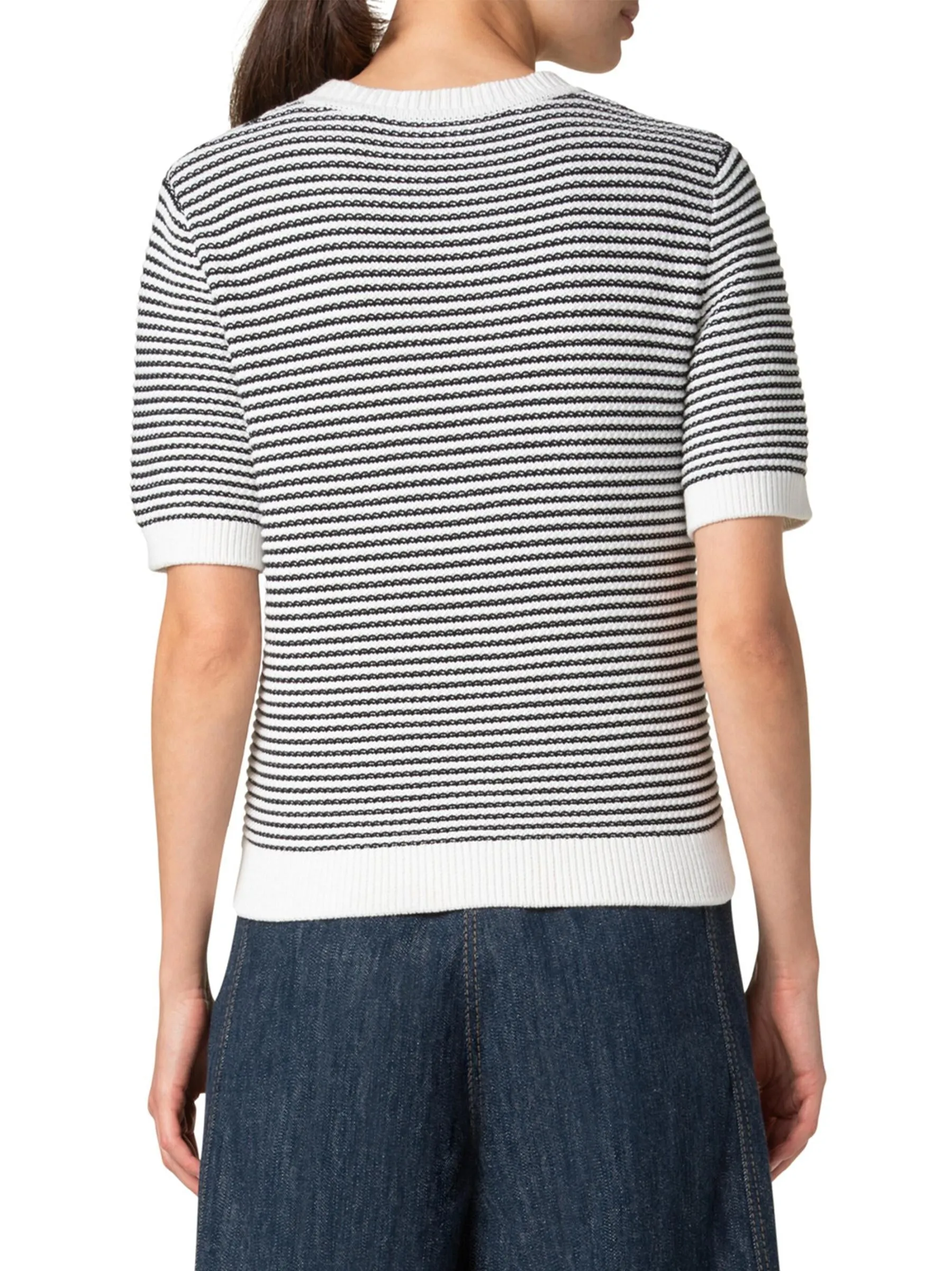 Black and Cream Cotton Short Sleeve Striped Jumper - last one size 42
