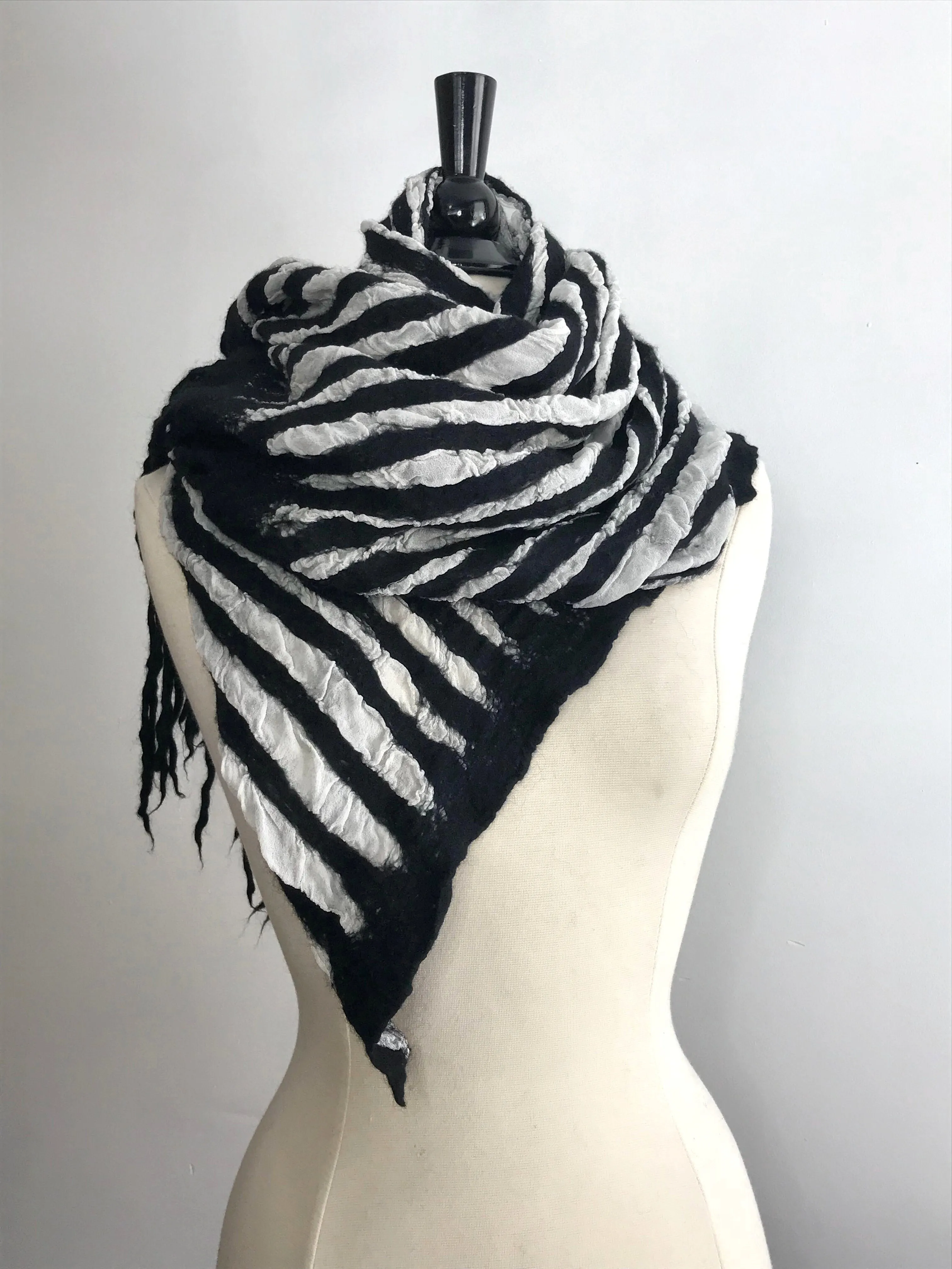 Black and White Striped Scarf with Dread Fringe