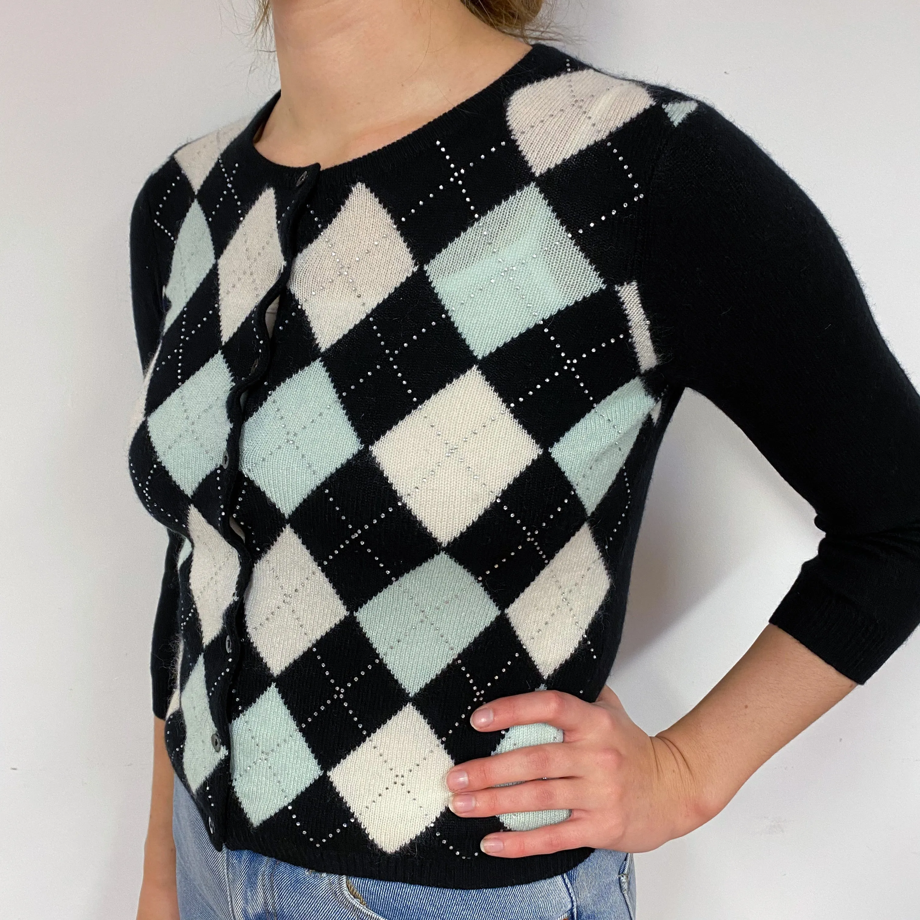 Black Diamond Embellished Cashmere Cropped Cardigan Small