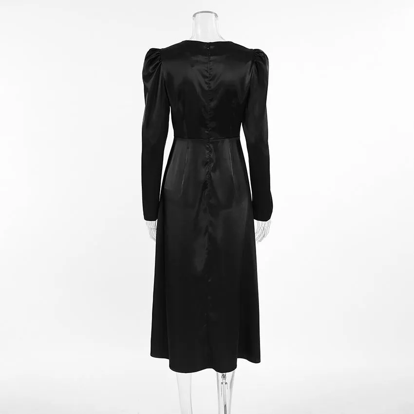 Black Thick Matte Satin Puff Sleeve Dress