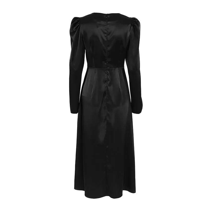 Black Thick Matte Satin Puff Sleeve Dress