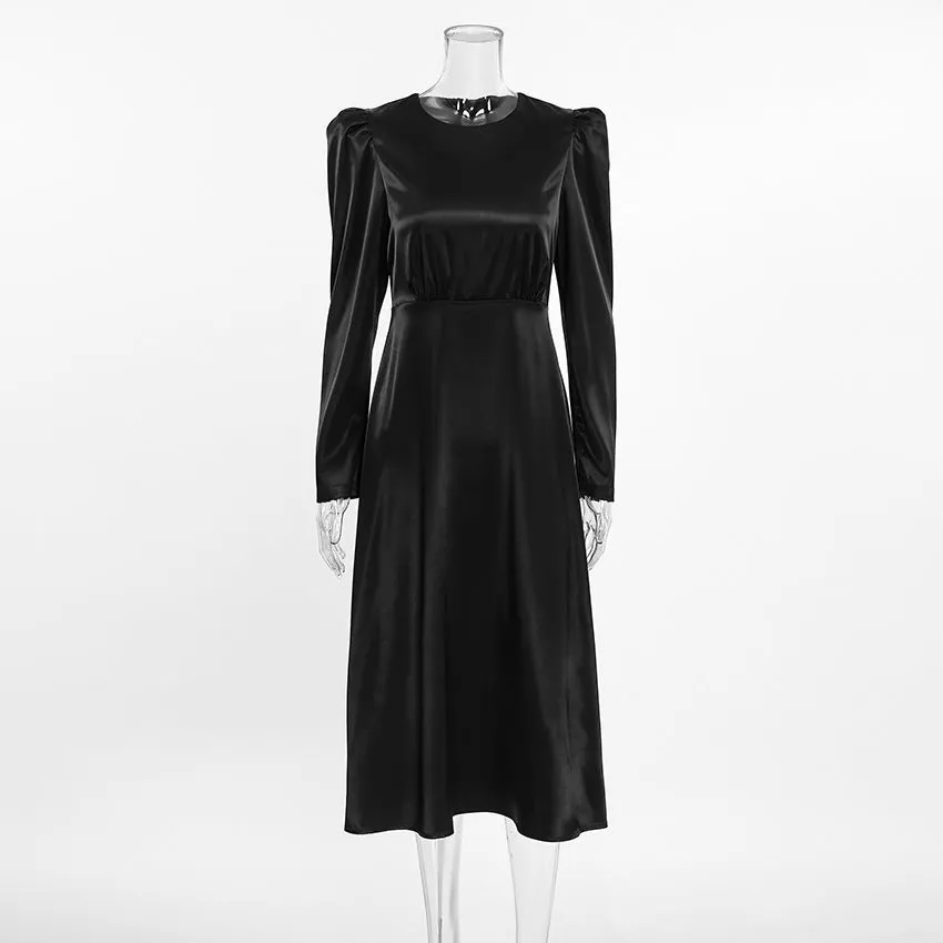 Black Thick Matte Satin Puff Sleeve Dress