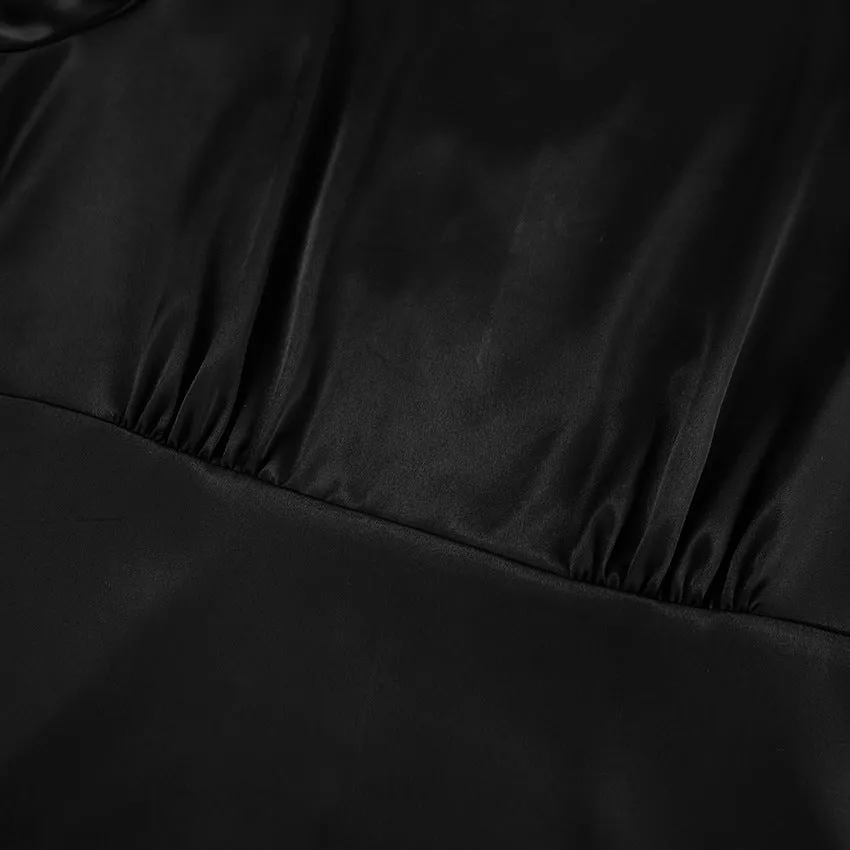 Black Thick Matte Satin Puff Sleeve Dress