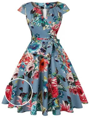 Blue 1950s Floral Bow Swing Dress