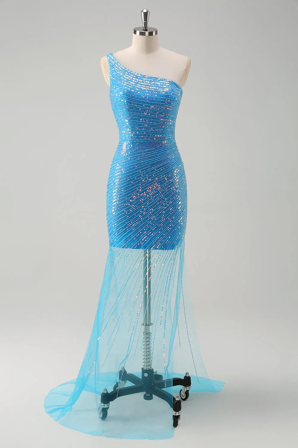 Blue One Shoulder Sequined Tight Prom Dress