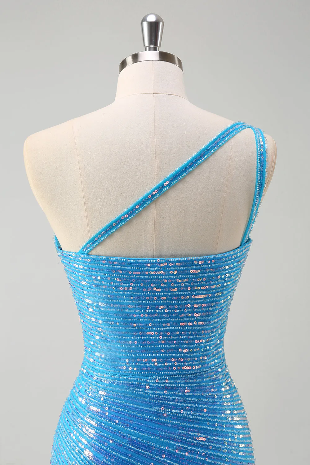 Blue One Shoulder Sequined Tight Prom Dress