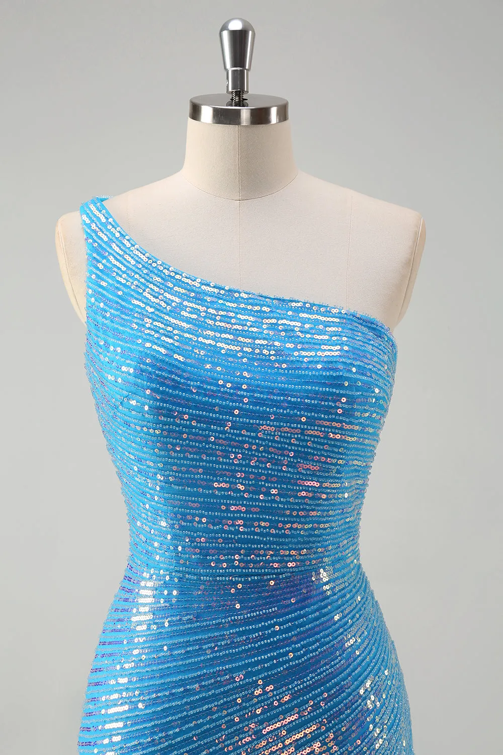 Blue One Shoulder Sequined Tight Prom Dress