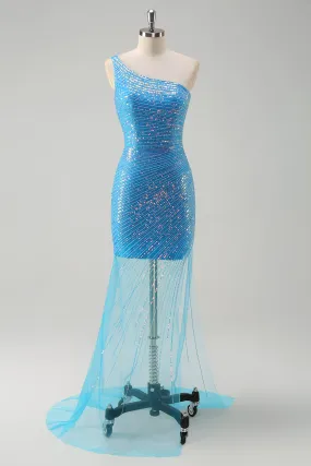 Blue One Shoulder Sequined Tight Prom Dress