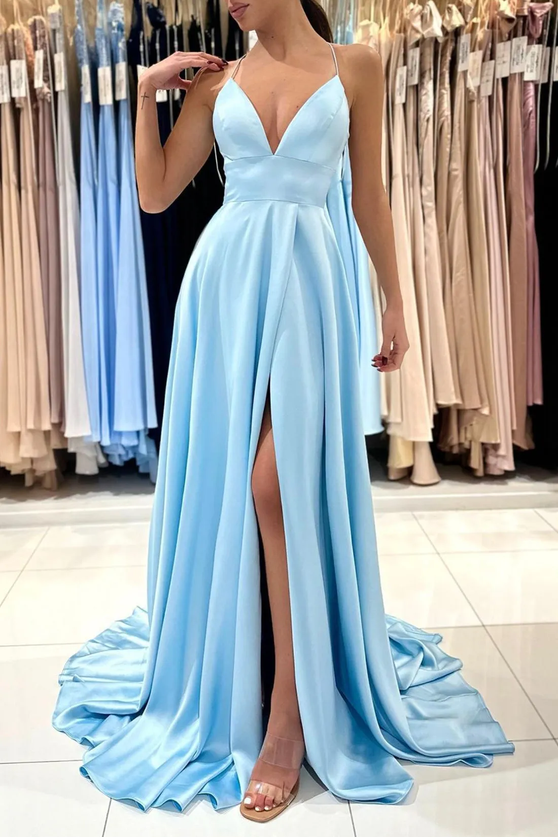 Blue V-Neck Satin Long Prom Dress, Simple A-Line Evening Dress