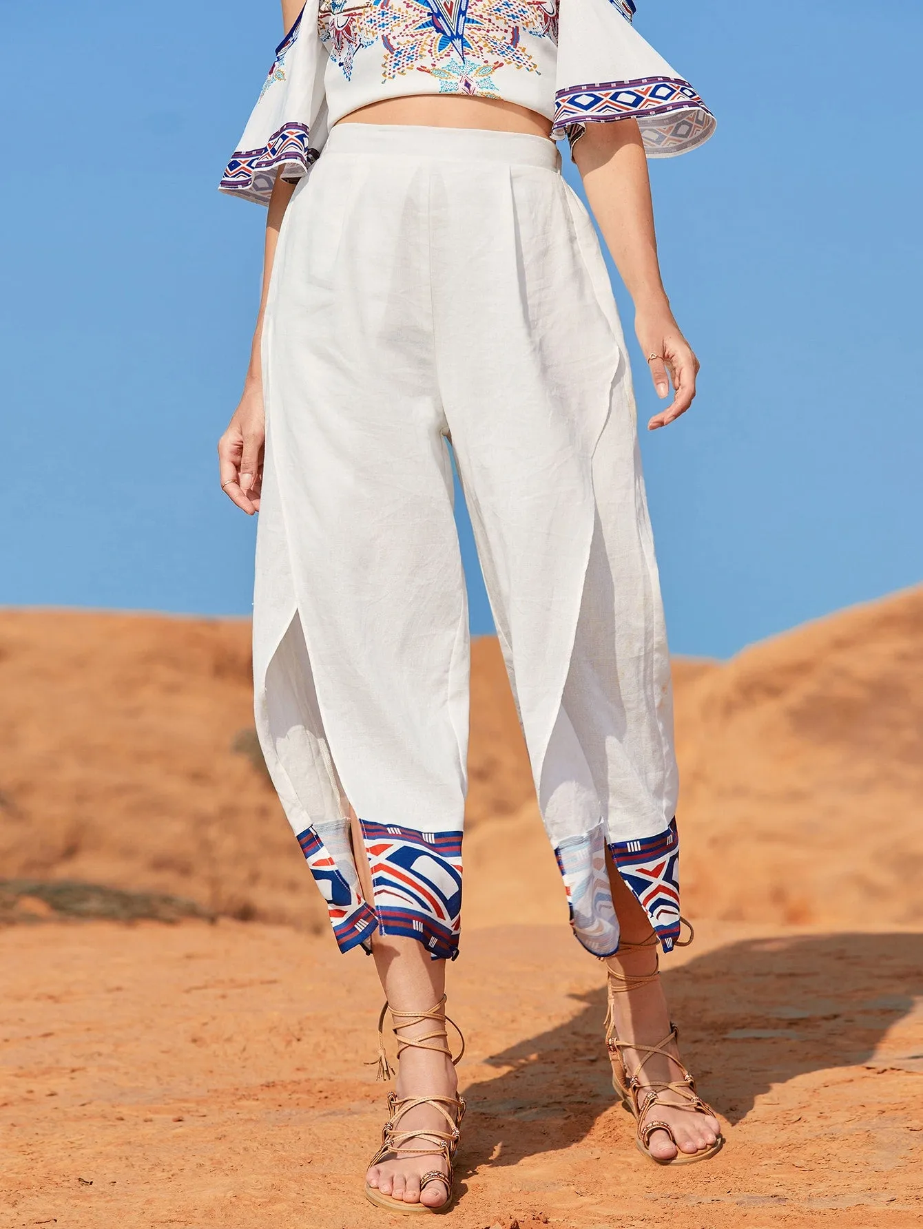 Boho Geometric Wrap High Waist Cropped Women Pants