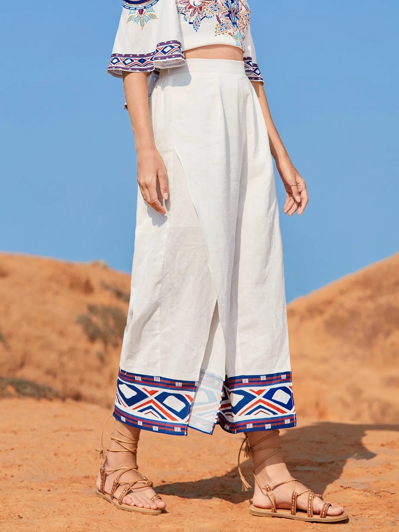 Boho Geometric Wrap High Waist Cropped Women Pants