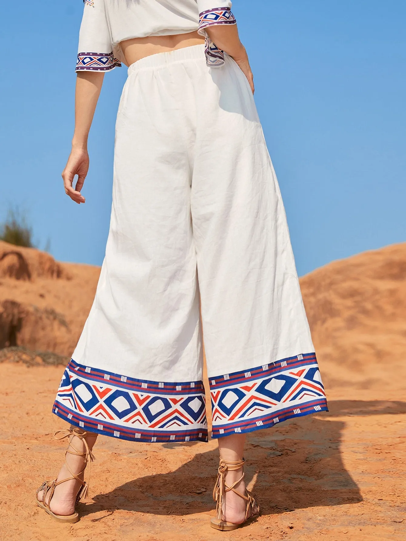 Boho Geometric Wrap High Waist Cropped Women Pants