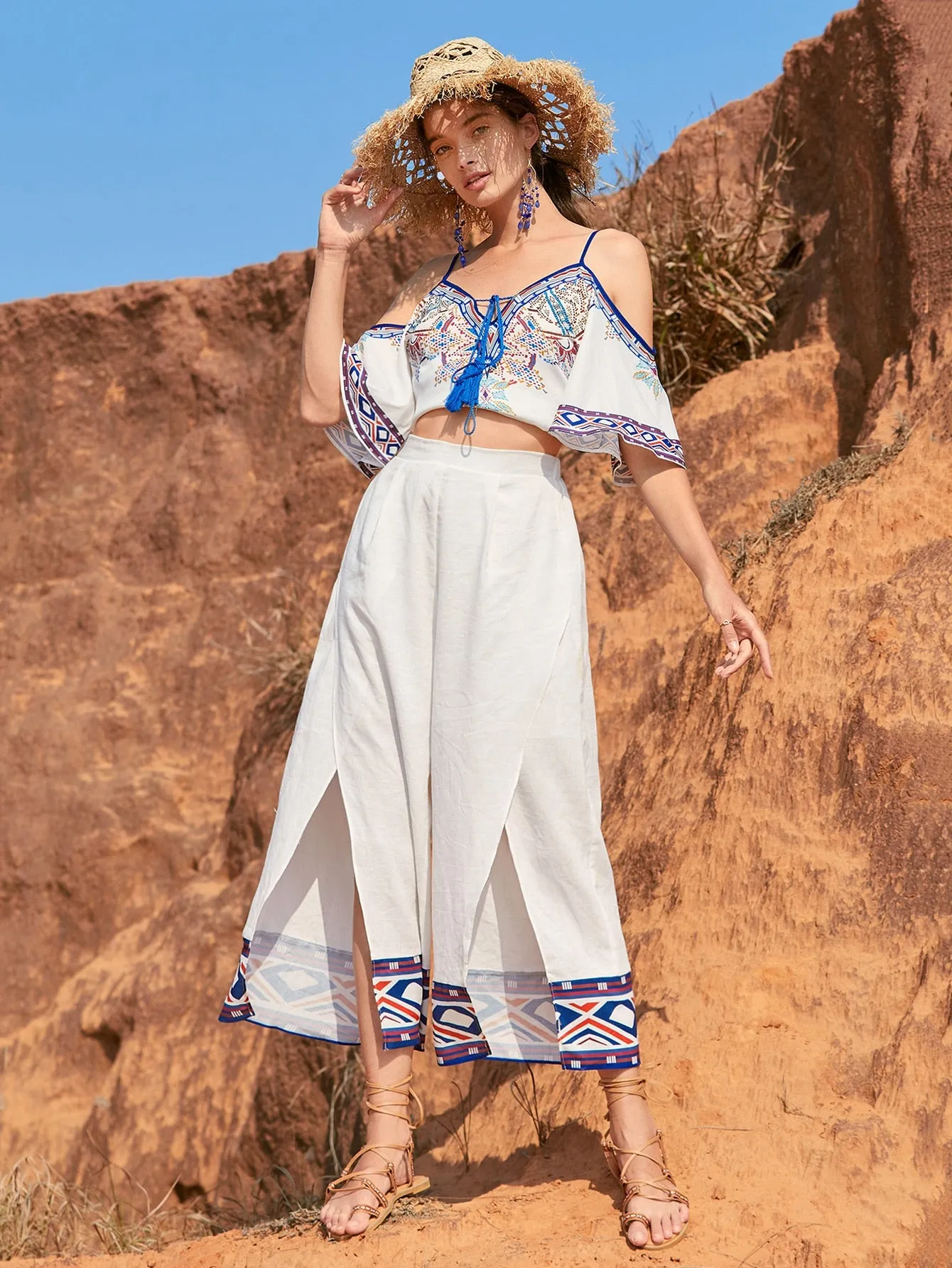Boho Geometric Wrap High Waist Cropped Women Pants