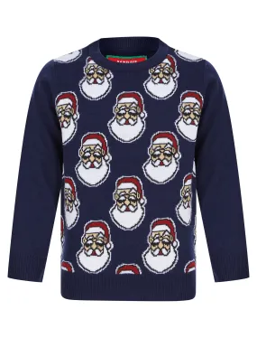 Boy's Santa Head Repeat Novelty Christmas Jumper in Ocean Cavern - Merry Christmas Kids (4-12yrs)