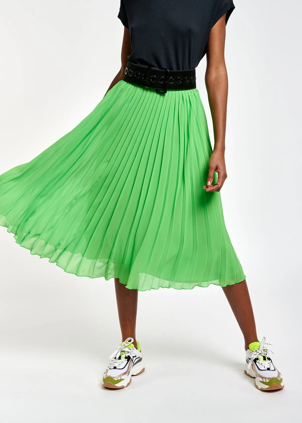 Bright green plissé midi skirt