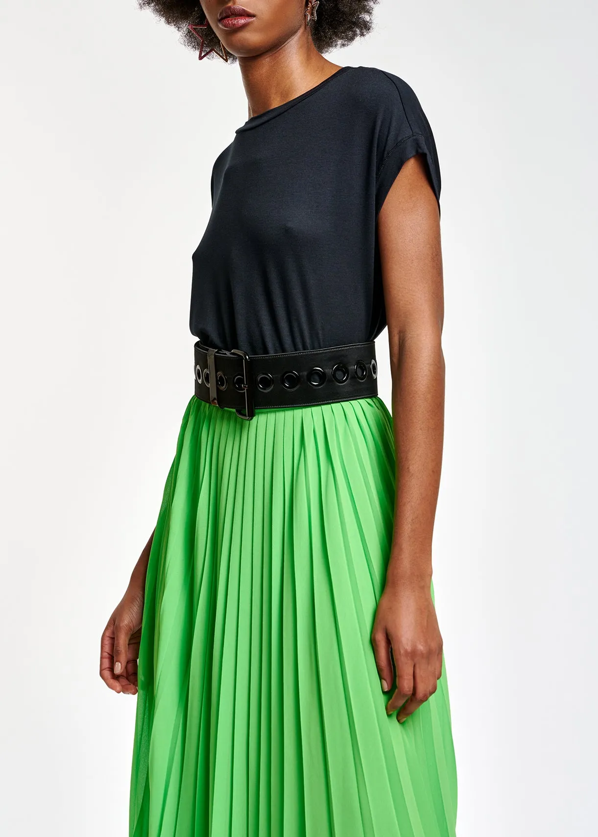 Bright green plissé midi skirt