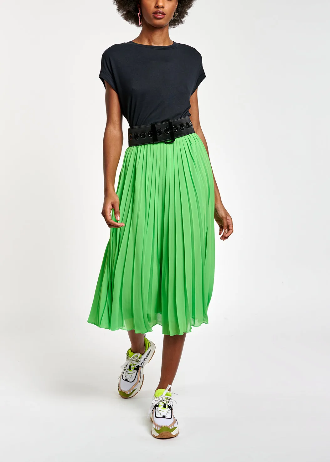 Bright green plissé midi skirt