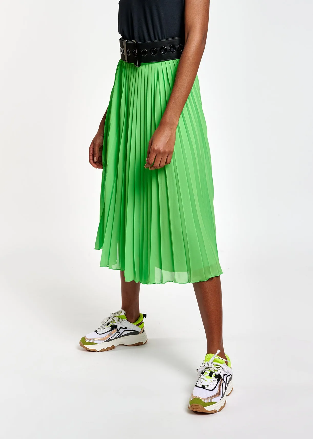 Bright green plissé midi skirt