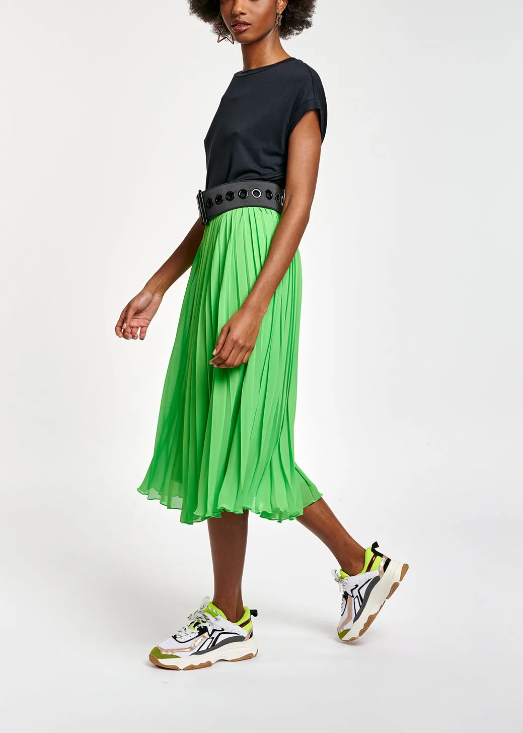 Bright green plissé midi skirt