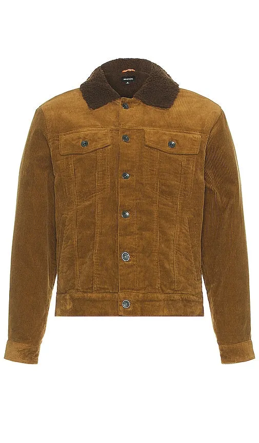 Brixton Builders Cable Stretch Sherpa Lined Trucker Jacket in Tan