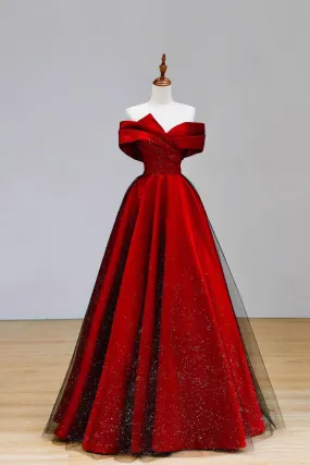 Burgundy Satin and Black Tulle Long Prom Dress, Beautiful A-Line Party Dress