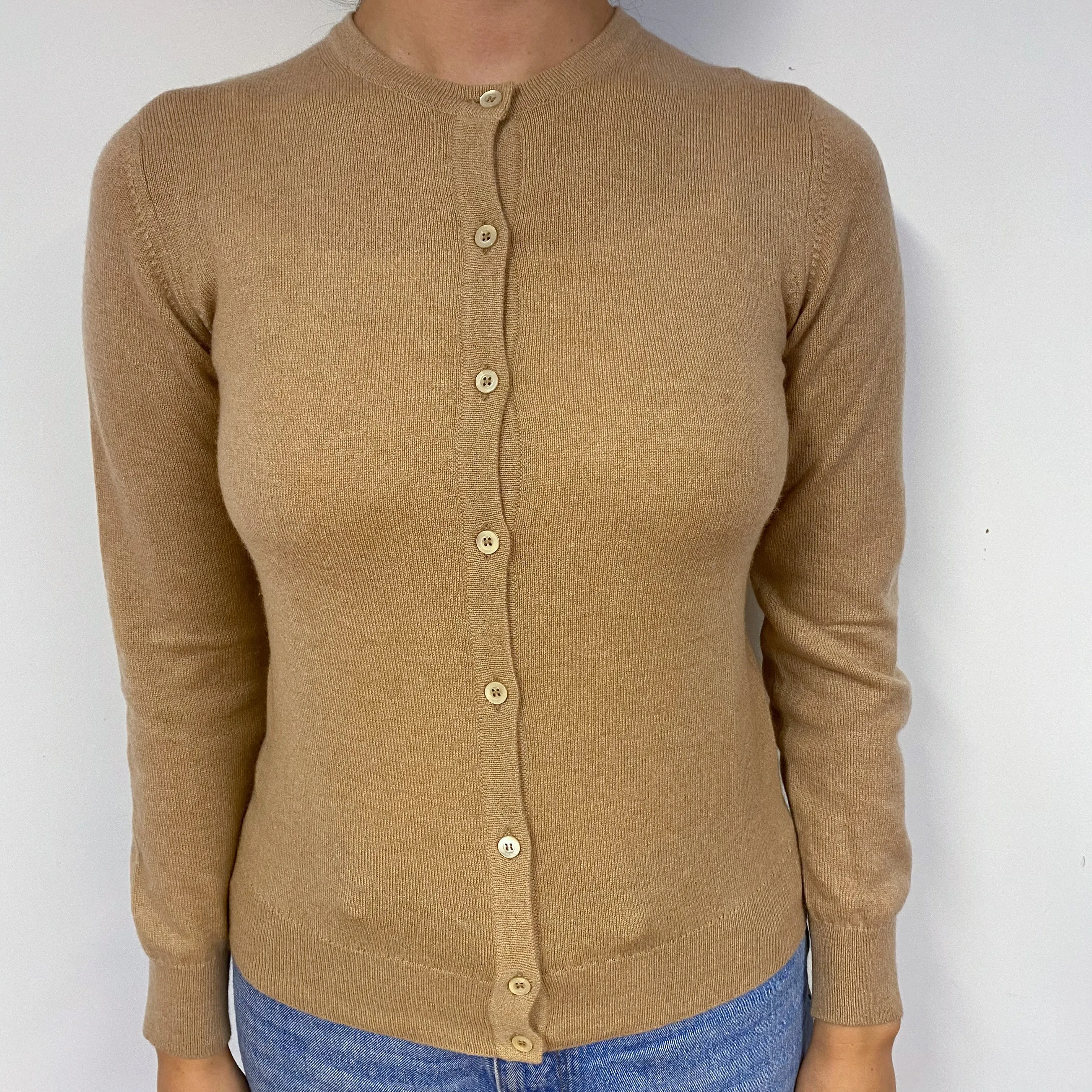 Camel Brown Cashmere Crew Neck Cardigan Small