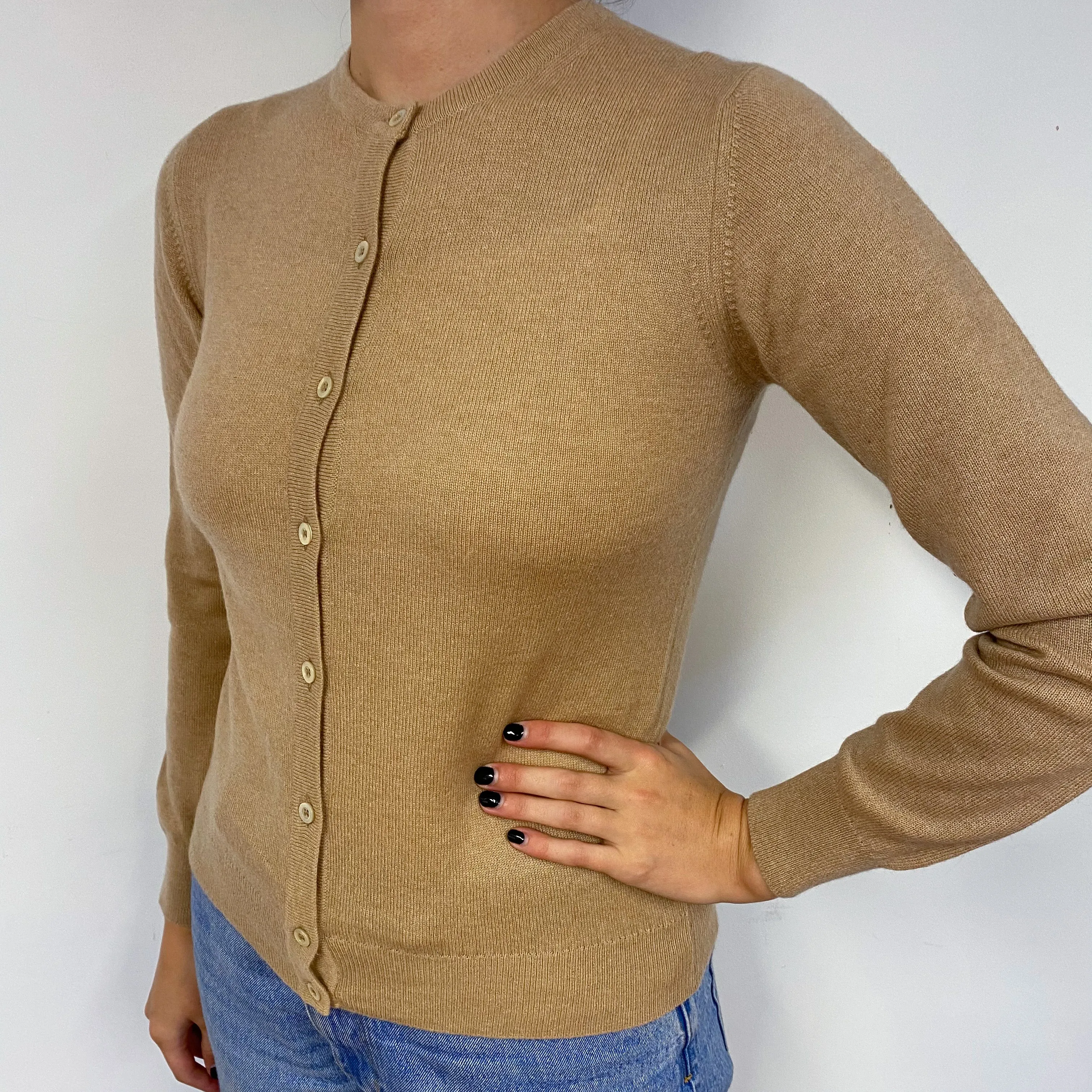 Camel Brown Cashmere Crew Neck Cardigan Small
