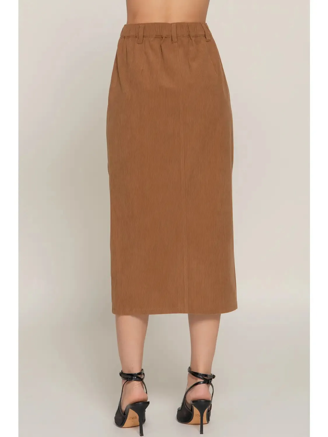 Camel Color Waist Band Front Open Slit Corduroy Midi Skirt