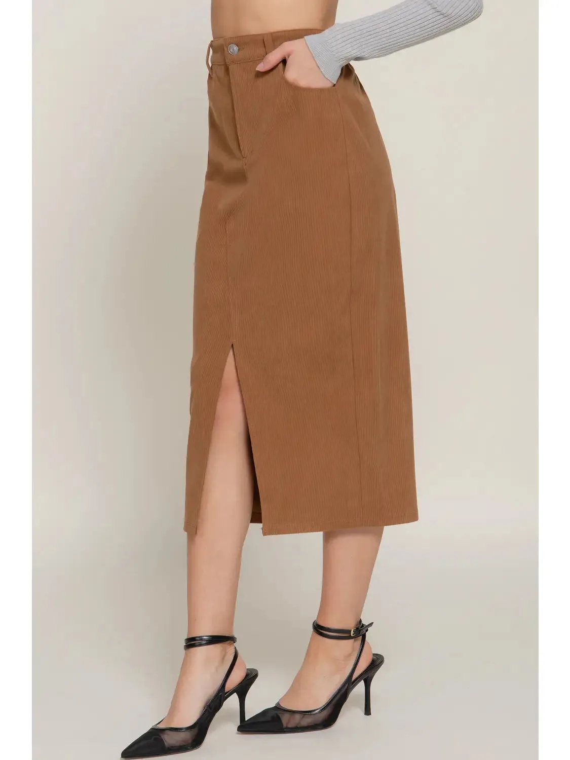 Camel Color Waist Band Front Open Slit Corduroy Midi Skirt