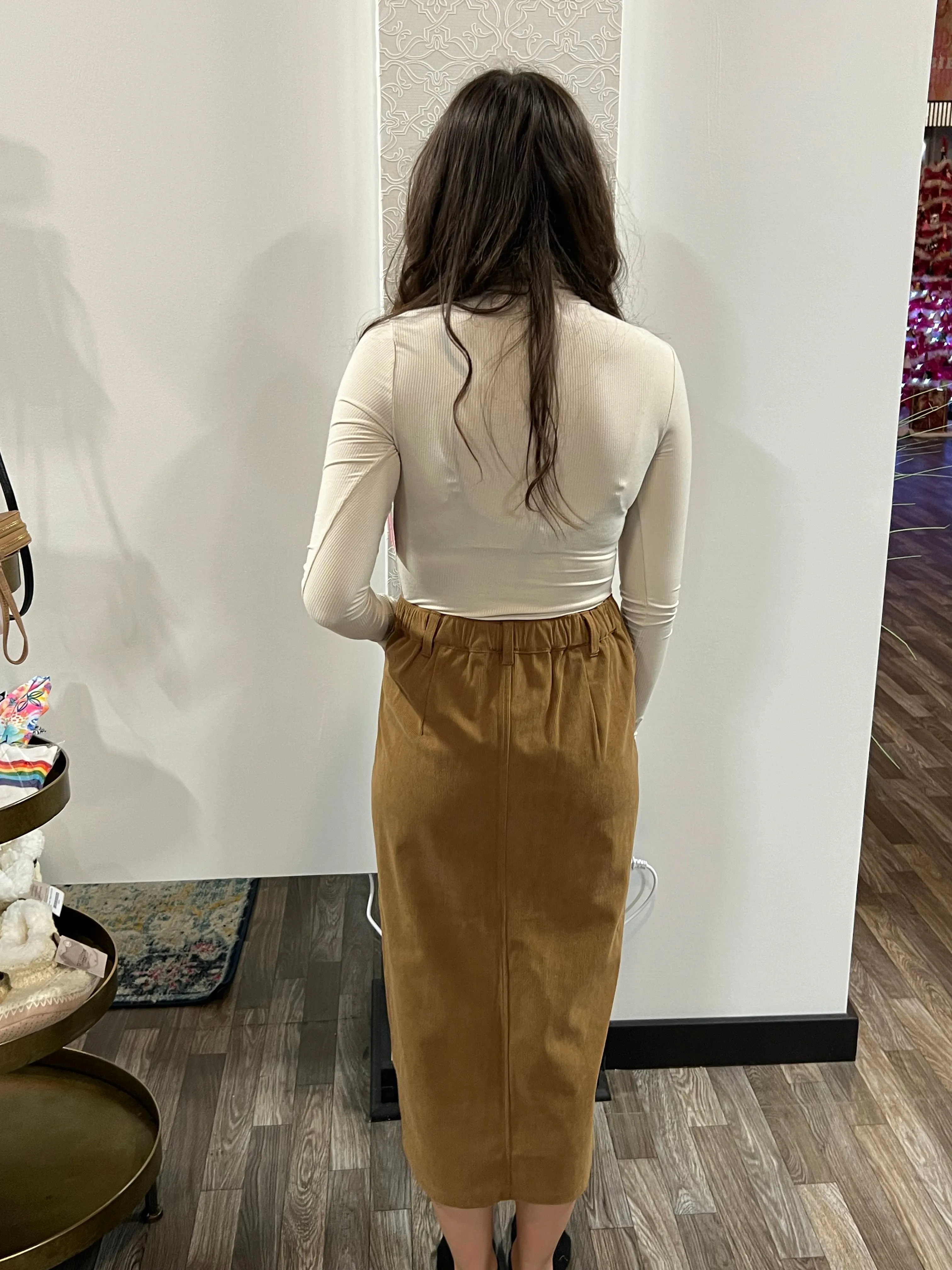 Camel Color Waist Band Front Open Slit Corduroy Midi Skirt