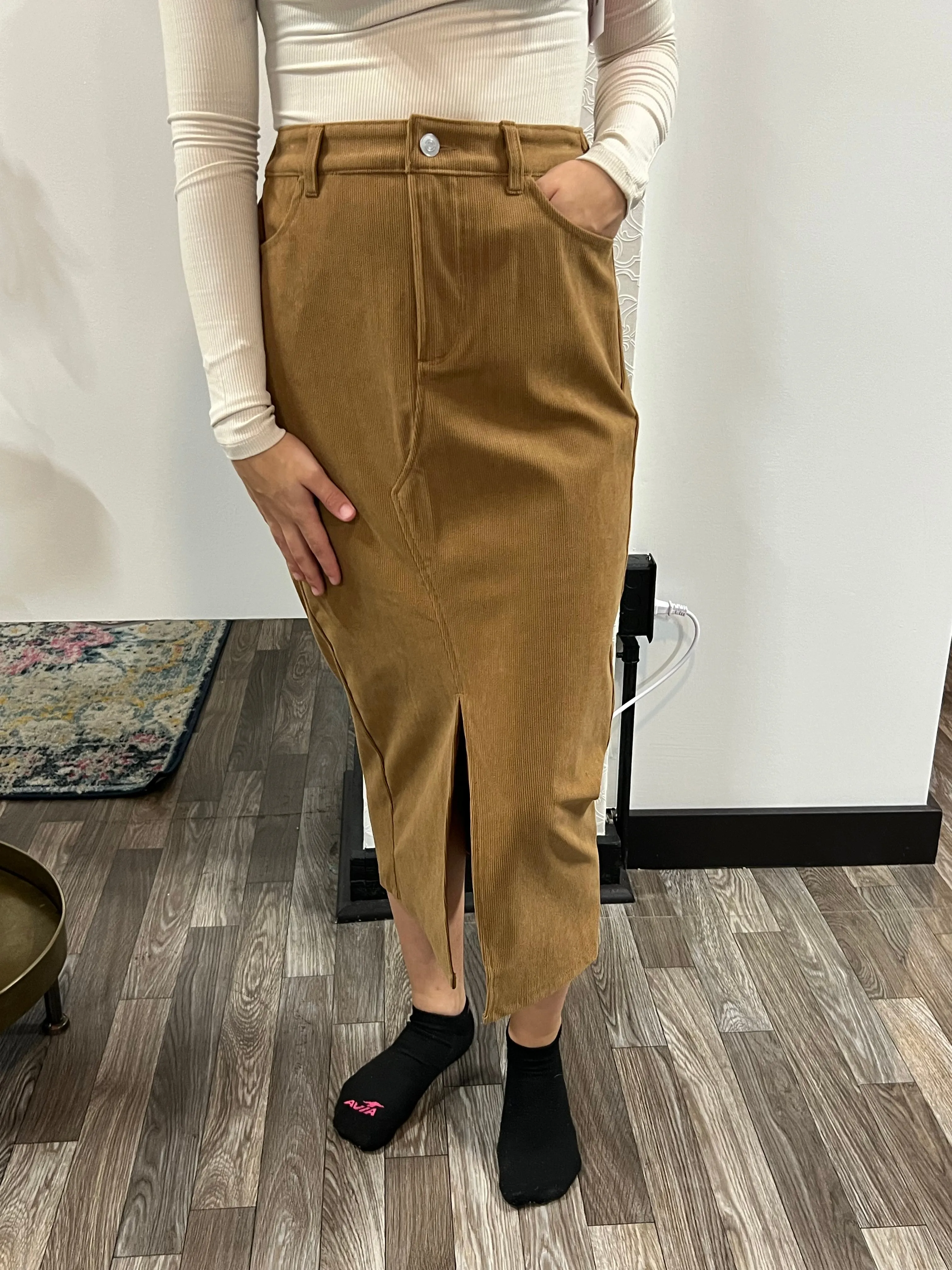 Camel Color Waist Band Front Open Slit Corduroy Midi Skirt