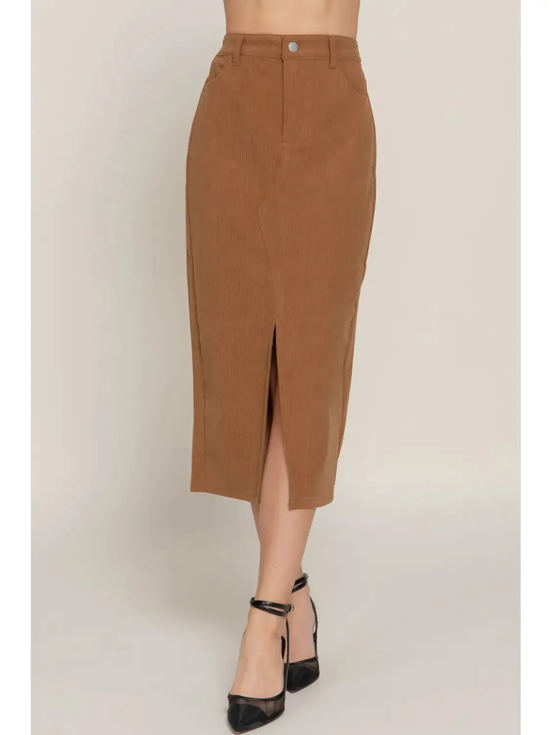 Camel Color Waist Band Front Open Slit Corduroy Midi Skirt