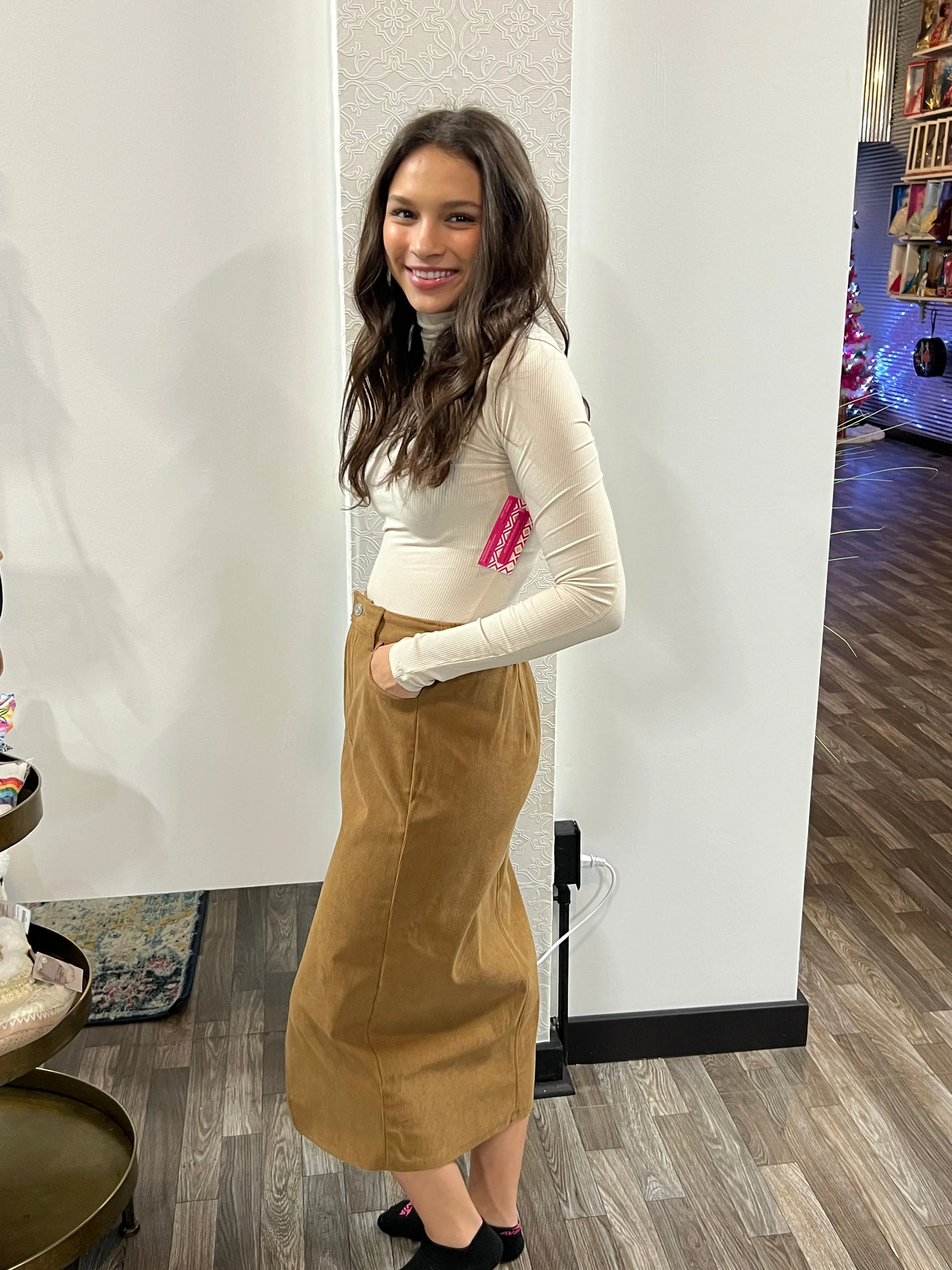 Camel Color Waist Band Front Open Slit Corduroy Midi Skirt