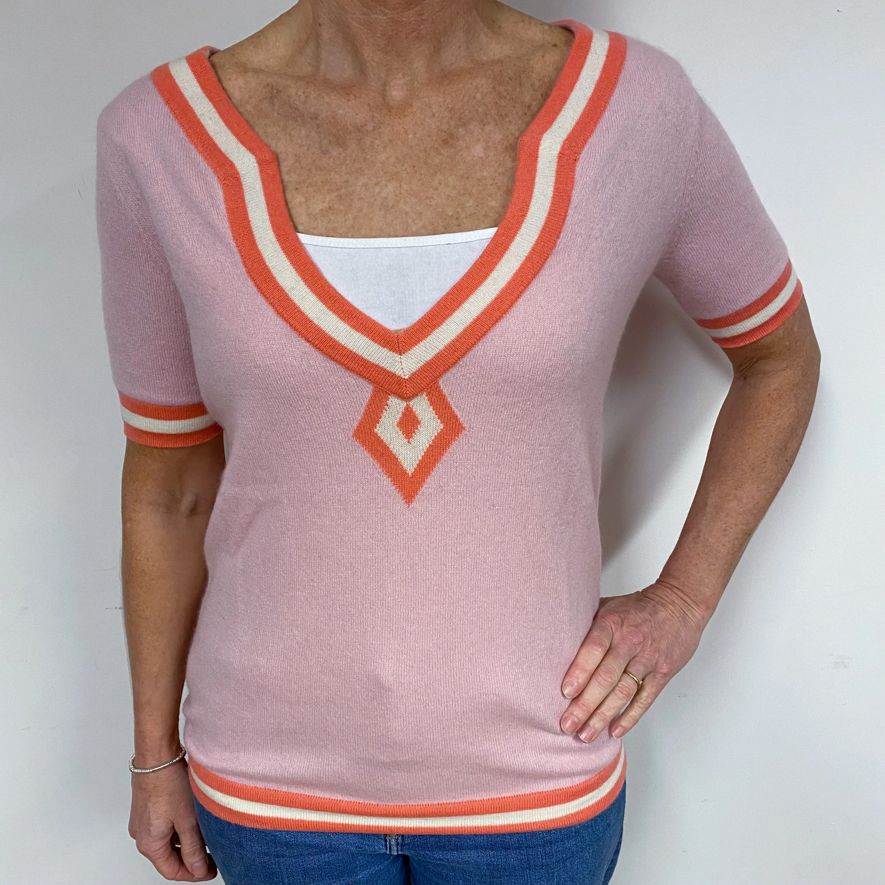 Carnation Pink Cashmere Short Sleeved Jumper Medium