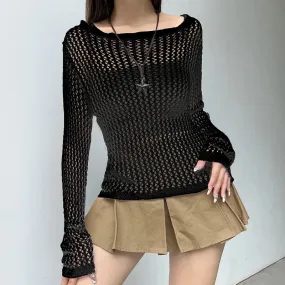 Casual Black Knitted Smock Top Sweater for Women Beach Holidays Summer Pullover Y2K Hollow Out Jumpers Knitwear Chic