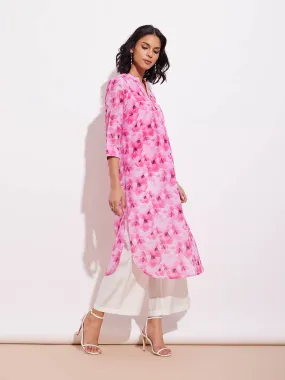 Chanderi Floral Kurta Set - Pink