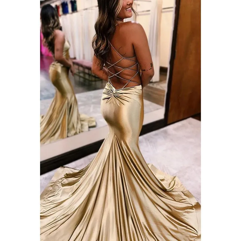 Charming Spaghetti Straps V-Neck Backless Mermaid Party Prom Dress