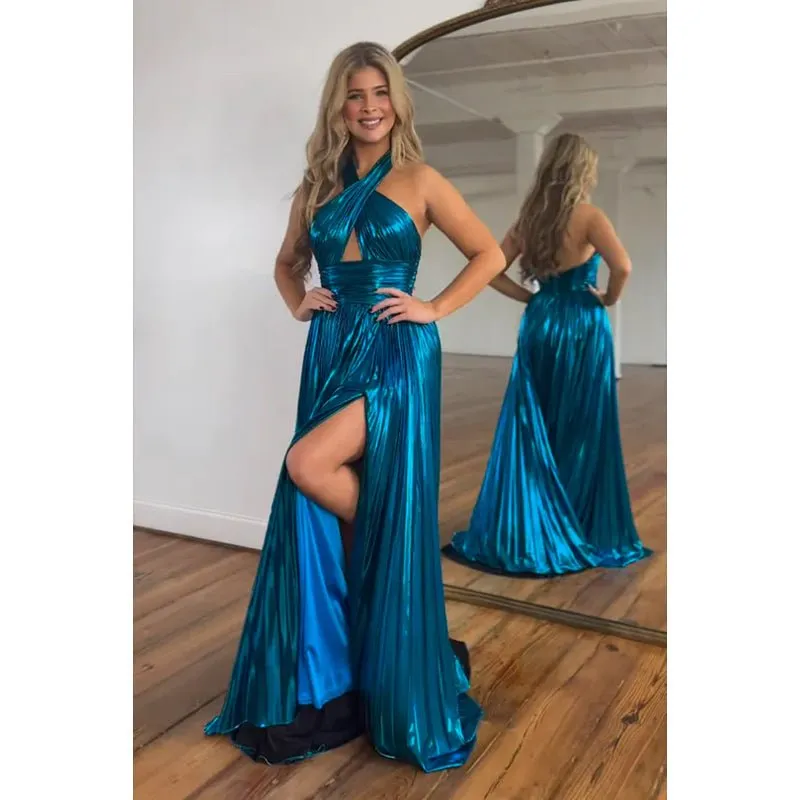 Chic Morden Halter Sleeveless Ruched Side Slit Long A-Line Party Prom Dress