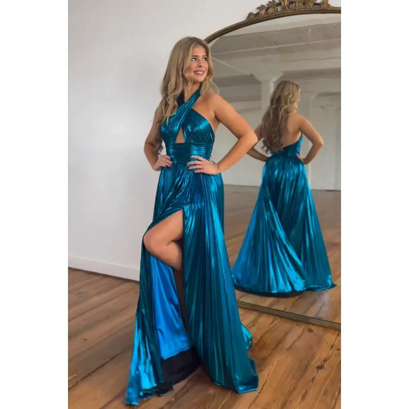Chic Morden Halter Sleeveless Ruched Side Slit Long A-Line Party Prom Dress