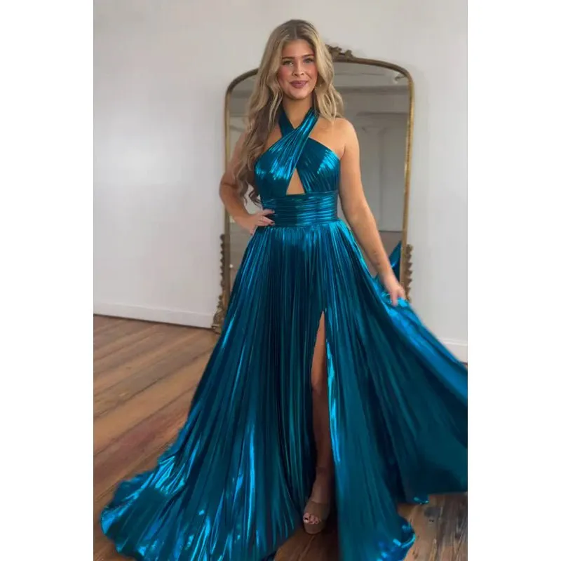 Chic Morden Halter Sleeveless Ruched Side Slit Long A-Line Party Prom Dress