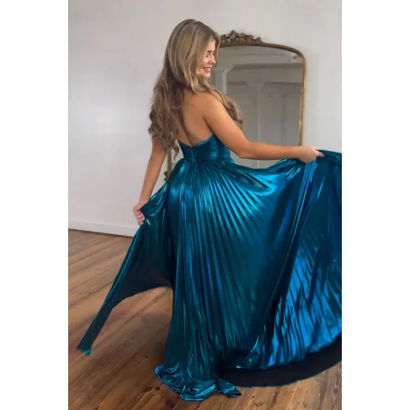 Chic Morden Halter Sleeveless Ruched Side Slit Long A-Line Party Prom Dress