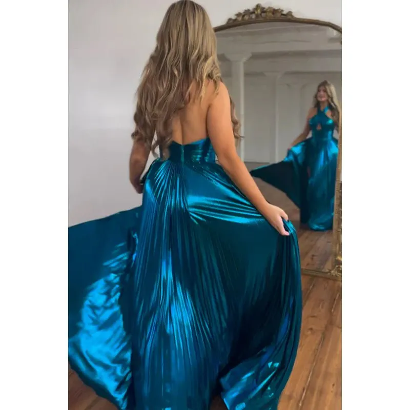Chic Morden Halter Sleeveless Ruched Side Slit Long A-Line Party Prom Dress