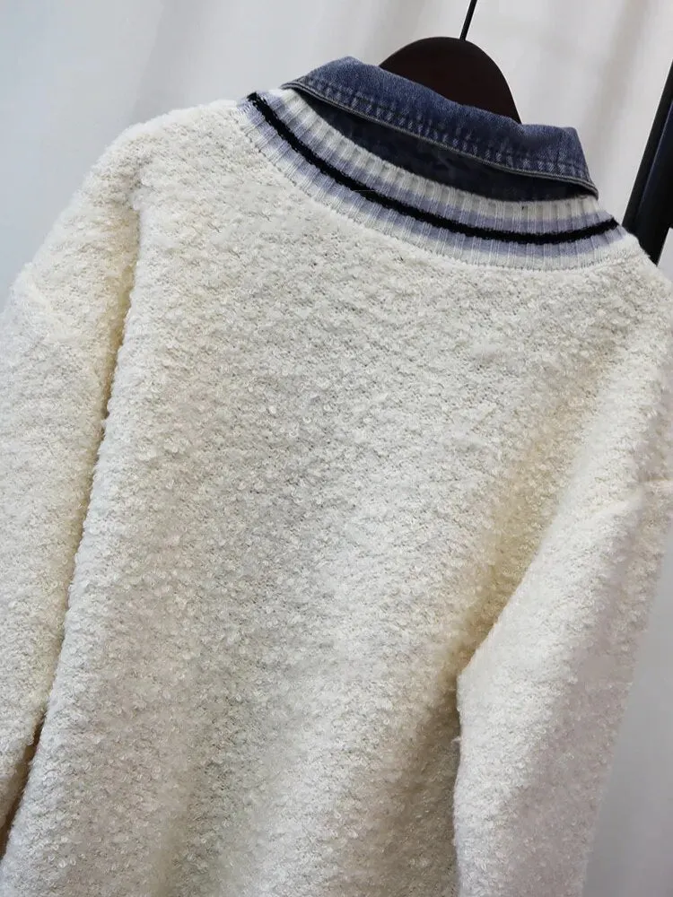 Colorblock Patchwork Denim Knitting Sweaters For Women Lapel Long Sleeve Spliced Single Breasted Sweater Female