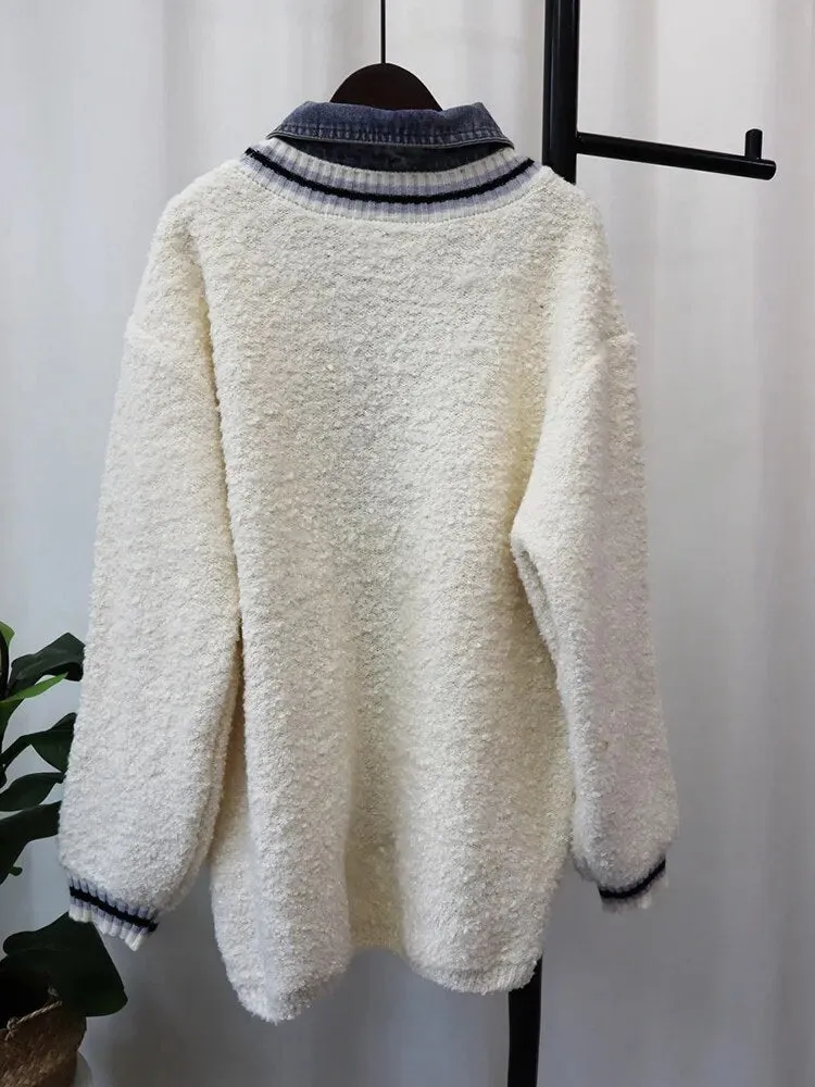 Colorblock Patchwork Denim Knitting Sweaters For Women Lapel Long Sleeve Spliced Single Breasted Sweater Female