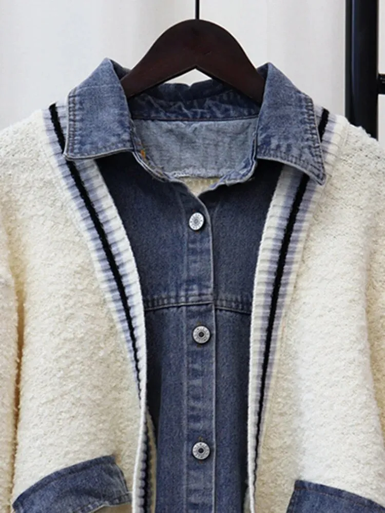 Colorblock Patchwork Denim Knitting Sweaters For Women Lapel Long Sleeve Spliced Single Breasted Sweater Female