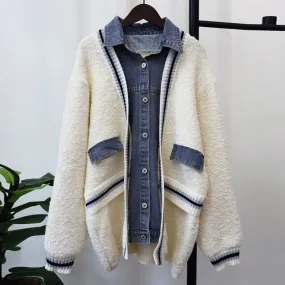 Colorblock Patchwork Denim Knitting Sweaters For Women Lapel Long Sleeve Spliced Single Breasted Sweater Female