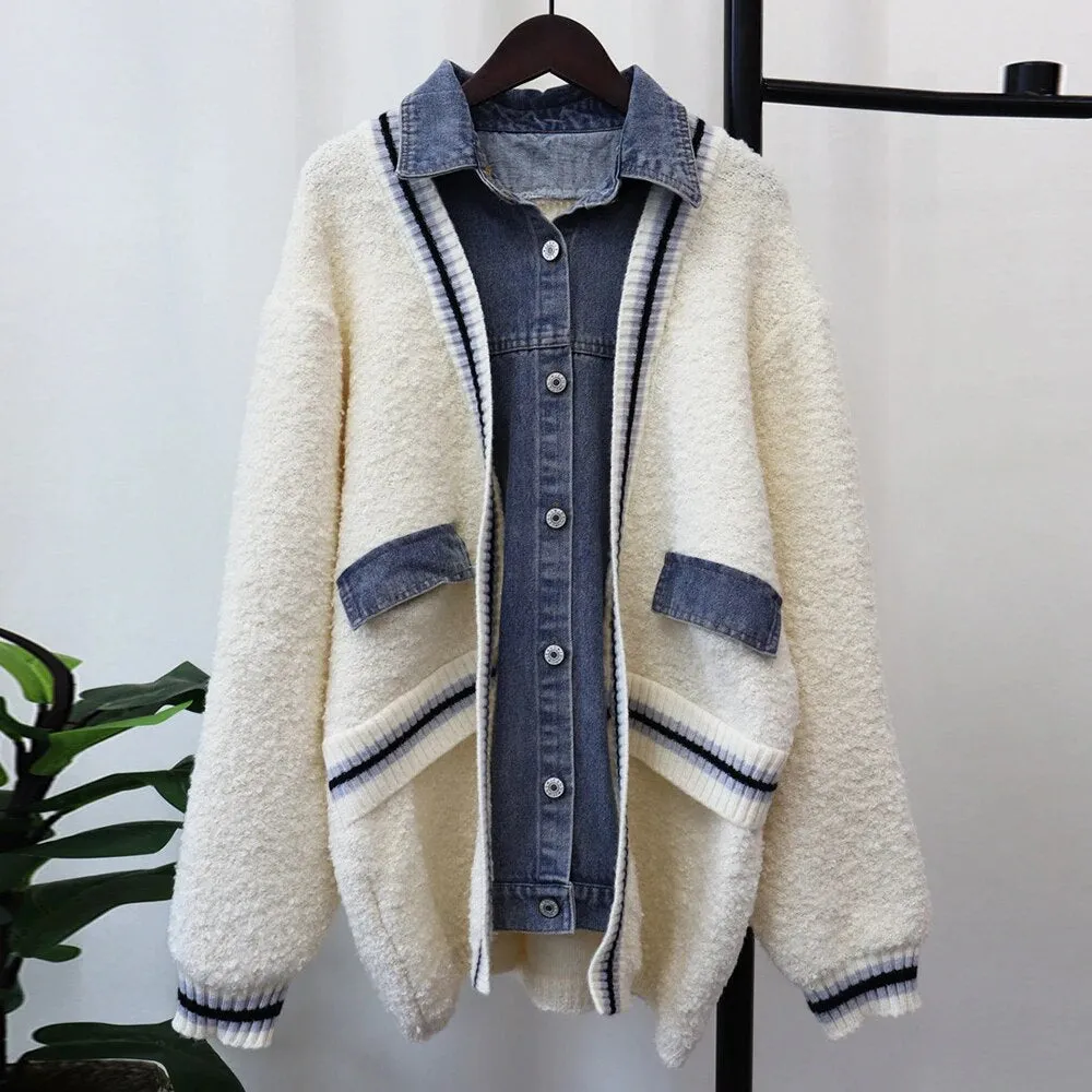 Colorblock Patchwork Denim Knitting Sweaters For Women Lapel Long Sleeve Spliced Single Breasted Sweater Female